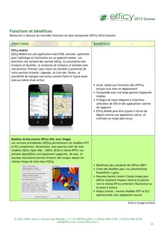 2
© 2012, Efficy sa/nv | Avenue des Pléiades, 11 | B-1200 Brussels | +32(0)2 648 18 98 | +32(0)2 648 18 94
info@efficy.com | www.efficy.com |
Fonctions et bénéfices
Découvrez ci-dessous les nouvelles fonctions les plus marquantes d'Efficy 2012 Summer.
FONCTIONS BENEFICES
Efficy Mobile
Efficy Mobile est une application web HTML normale, optimisée
pour l'affichage et l'utilisation sur un appareil mobile. Les
fonctions clés incluent Ma Journée Efficy, la consultation des
Contacts et Sociétés, la recherche de Contacts et Sociétés avec
une fonction "Proches" pour situer les Sociétés à proximité de
votre position actuelle, l'Agenda, la Liste des Tâches, la
possibilité de marquer une action comme Faite et l'ajout d'une
note au mémo d'une action.
Accès rapide aux fonctions-clés d'Efficy
lorsque vous êtes en déplacement
Compatible avec une large gamme d'appareils
mobiles
S'intègre de façon élégante à l'interface
utilisateur de l'OS et des applications natives
de l'appareil
Efficy Mobile peut être ajouté à l'écran de
départ comme une application native, et
s'afficher en mode plein écran
Modèles de Documents Office XML avec Images
Les versions précédentes d'Efficy permettaient les modèles RTF
et XLS uniquement. Dorénavant, vous pourrez créer de vrais
modèles Office Open XML : DOCX, XLSX et même PPTX. Les
formats OpenOffice sont également supportés. De plus, le
nouveau mécanisme permet d'insérer des images depuis les
champs Image de votre base Efficy.
Bénéficiez des standards MS-Office 2007+
Créez des Modèles pour vos présentations
PowerPoint (.pptx)
Nouveau bouton Insérer Champ Image pour
définir aisément l'espace réservé et pointer
vers le champ Efficy contenant l'illustration ou
la photo à inclure
N'ayez crainte : anciens Modèles RTF et XLS
opérationnels sans adaptation aucune
Suite à la page suivante
 
