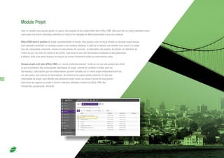 Module Projet
Avec ce module vous pouvez garder un aperçu des progrès de tout projet défini dans Efficy CRM. Cela peut être un projet individuel client,
mais aussi une action marketing collective ou l'envoi d'un message de Noël personnalisé à tous vos contacts.
Efficy CRM rend la gestion de projet compréhensible et simple. Vous pouvez créer de façon simple un nouveau projet lorsque
vous souhaitez présenter un nouveau produit à vos contacts existants. Il suffit de lui donner une identité. Vous reliez à ce projet
tous les composants concernés, comme les documents, les courriels , la description des actions, les tâches, les éléments de
l'ordre du jour, les listes de clients et les profils, mais aussi le nom des fournisseurs impliqués et des partenaires
d'affaires. Ainsi vous serez toujours en mesure de trouver facilement toutes les informations utiles.
Chaque projet créé dans Efficy CRM a un 'accès multidimensionnel', limité ou non par une gestion des droits
ou par la protection des composantes spécifiques du projet, comme les contrats d'achats avec les
fournisseurs. Cela signifie que les collaborateurs peuvent travailler sur le même projet indépendamment les
uns des autres, tout comme les fournisseurs, les clients et les autres parties externes. En tant que
responsable du projet, vous décidez des personnes ayant accès, du niveau d'accès et vous pouvez
suivre tous les aspects du projet à travers l'interface utilisateur intuitive de Efficy CRM. Vue
d'ensemble, perspicacité, efficacité.
14
 