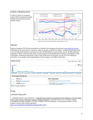 Výdavky vs Brand awareness

Z grafu je zrejmé, že aj napriek
značne nižším investíciam dosiahla                                                                                O2 Fér
kampan porovnateľné parametre
znalosti značky.




                                             Zdroje: KPI prieskum spoločnosti Millward Brown, Media Intelligence, TNS SK



Microsite

Súčasťou kampane O2 Fér bola komunikácia na internete, ktorá propagovala microsite www.smefer.sk.o2.com.
Prebiehala na serveroch azet.sk, zoznam.sk, topky.sk, atlas.sk, centrum.sk a ďalších. Využitý bol interstitial, ktorý
v prvý (a jediný) deň použitia zaznamenal viac ako 140 000 kliknutí (v grafe vidíme viac ako 70 000 unikátnych
užívateľov). Ďalšie využité formáty počas trvania kampane boli štandardné plošné bannery, neštandardný i-layer
a PR články. Kampaň docielila počas svojho trvania návštevnosť na microsite viac ako 427 tisíc unikátnych
užívateľov, čo ju zaradilo medzi najúspešnejšie on-line kampane roka 2008 na Slovensku.




Zdroj: Google Analytics


Predaj

„Víťazom Vianoc je O2

... Najmladší operátor musel zabojovať, v septembri preto nasadil nové portfólio O2 Fér. Oplatilo sa. O2 totiž nabral
počas Vianoc najviac zákazníkov spomedzi všetkých operátorov, konkrétne 48 tisíc (18,7% nárast). Orange
v poslednom štvrťroku „narástol“ o 36 tisíc, T-Mobile o 40 tisíc zákazníkov. O2 zaznamenal celkovo 25 tisíc
žiadostí o prenos čísla od iného operátora.“
http://www.mobilmania.sk/Operatori/AR.asp?ARI=11022




                                                                                                                           9
 