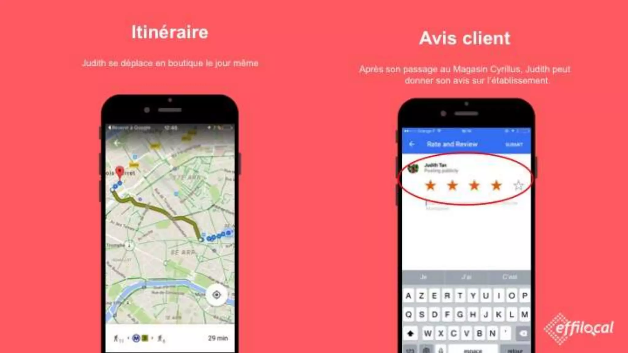 Avis client
Après son passage au Magasin Cyrillus, Judith peut
donner son avis sur l’établissement.
Itinéraire
Judith se déplace en boutique le jour même
 