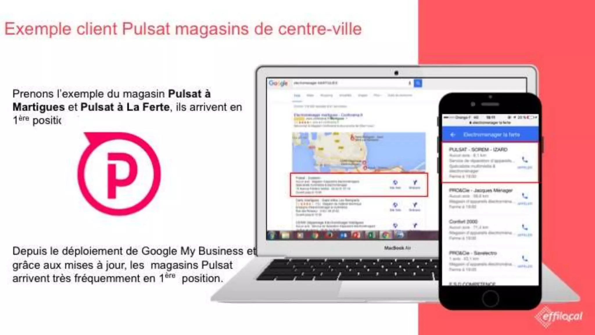 Prenons l’exemple du magasin Pulsat à Martigues et
Pulsat à La Ferte, ils arrivent en 1ère position devant :
- Darty
- Pro & Cie
- Confort 2000
- Bricomarché
- Boulanger
Depuis le déploiement de Google My Business et
grâce aux mises à jour, les magasins Pulsat arrivent
très fréquemment en 1ère position.
Exemple client Pulsat magasins de centre-ville
 