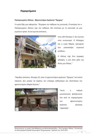 Συνέντευξη με τις κυρίες Έφη Μπάρτζου και Καίτη Καλαϊτζίδου / 56ο Γυμνάσιο Αθήνας / Συντακτική
και Φωτογραφική Ομάδα Εργαστηρίου Πληροφορικής / Σχολικά έτη: 2018-2022
31
Παραρτήματα
Παπαγεωργίου Αλέκος - Φροντιστήριο Αγγλικών "Όμηρος"
Η κυρία Έφη μας αφηγείται: "Θυμάμαι την ταβέρνα της γειτονιάς. Ο πατέρας του κ.
Παπαγεωργίου Αλέκου είχε την ταβέρνα. Με έστελναν με το μπουκάλι να μου
γεμίσουν κρασί. Αυτοί έμεναν απέναντι,
στην οδό Κόνιαρη 5. Δεν έμεναν
στον συνοικισμό. Ο Κλέαρχος
και η κυρά Μαρία, έφτιαχναν
ένα μπακαλιάρο τηγανητό
απίθανο...
Ο Αλέκος είχε δυο όμορφες
αδελφές, η μία ήταν φίλη της
θείας μου Όλγας."
"Ακριβώς απέναντι, Κόνιαρη 22, ήταν το φροντιστήριο αγγλικών "Όμηρος" στο οποίο
πήγαινα. Δεν μπορώ να ξεχάσω την υπέροχη καθηγήτρια και ιδιοκτήτρια του
φροντιστηρίου Μαρία Κιούση."
"Αυτή η παλαιά
μονοκατοικία φιλοξενούσε
ένα από τα παραρτήματα
του φροντιστηρίου
αγγλικής γλώσσας
"ΟΜΗΡΟΣ".
 