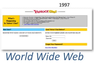 1997


   user participation

                                            Social Media

                                         Web 2.0

                        World Wide Web


                                                           time



World Wide Web
 