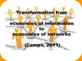 Transformation from
economies of information
to
economies of networks
(Camps, 2011)
 