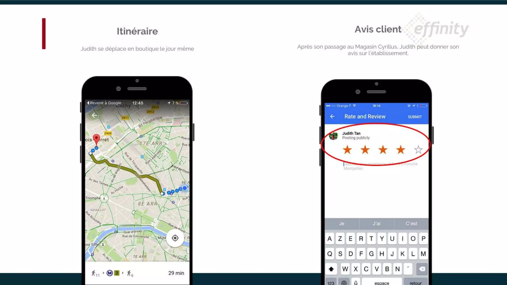 Itinéraire
Judith se déplace en boutique le jour même
Avis client
Après son passage au Magasin Cyrillus, Judith peut donner son avis
sur l’établissement.
 