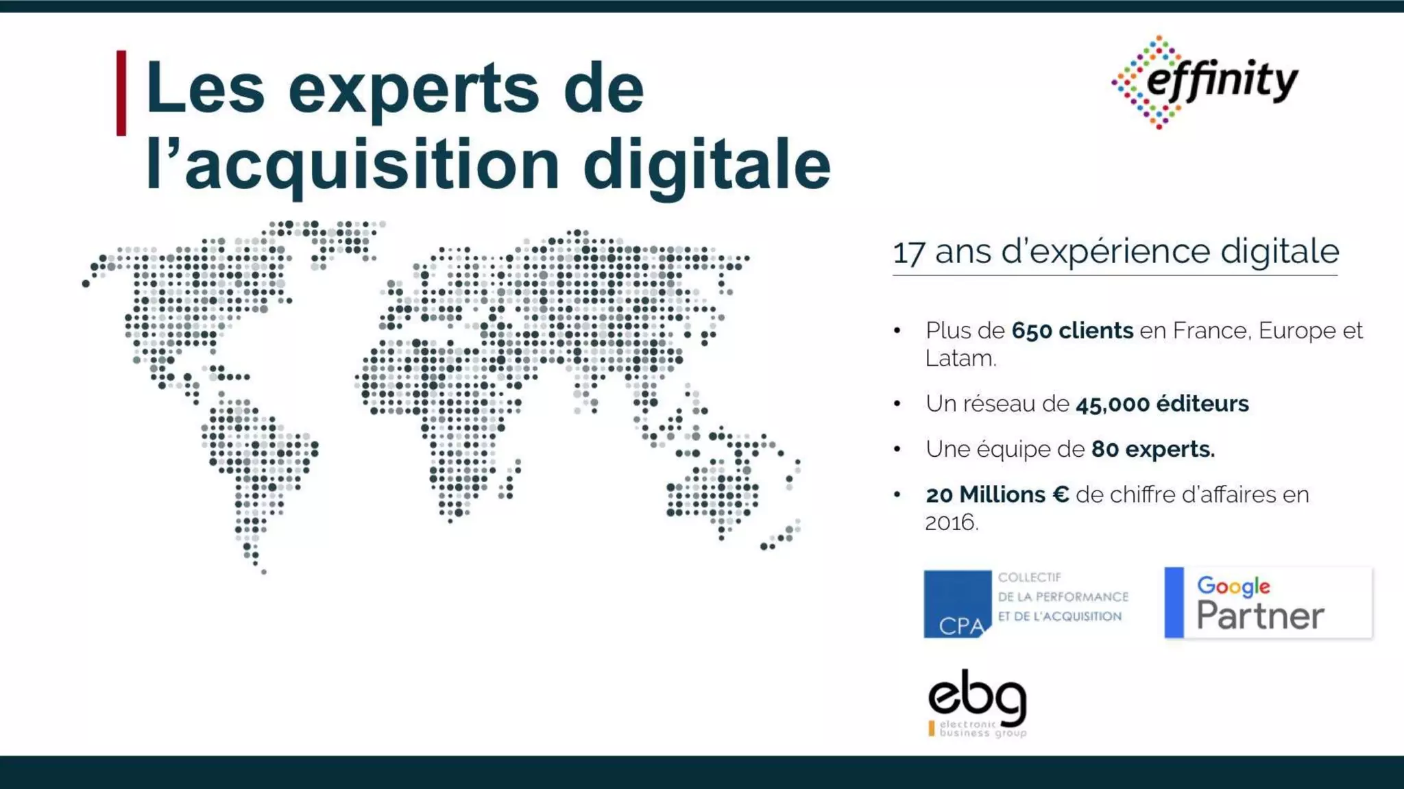Les experts de
l’acquisition digitale
17 ans d’expérience digitale
• Plus de 650 clients en France, Europe et
Latam.
• Un réseau de 45,000 éditeurs
• Une équipe de 80 experts.
• 20 Millions € de chiffre d’affaires en 2016.
 