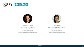 CONTACTOS
Chema VELASCO
Country ManagerSpain
+33 (0)1 40 82 60 98
chema.velasco@effinity.partners
16
Luisa MAHE
International B2BConsultant
+33 (0)1 40 18 78 31
luisa.mahe@effinity.partners
EFFINITY
 