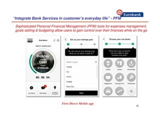 15
“Integrate Bank Services in customer’s everyday life” - PFM
Sophisticated Personal Financial Management (PFM) tools for expenses management,
goals setting & budgeting allow users to gain control over their finances while on the go
First Direct Mobile app
 