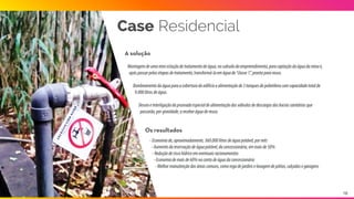 A solução
ConstruçãoeoperaçãodeEstaçõesdeTratamentodeÁguaeEsgotocomreaproveitamentoedestinaçãode100%
daáguatratadaatravésdosistemaB.O.T.(Build,OwnandOperate).
OaportederecursosparaconstruçãodaE.T.A.edaE.T.E.ficouàcargodaEﬃzieseusparceiros,queirãoconstruir
asoluçãotécnicaidealisentandooclientedocustodaconstrução,aquisiçãoemanutençãodosistema.
Opagamentoéfeitoatravésdeumatarifamensal,fixaouporvolume,somenteapósaimplantaçãodosistema. 
Umcontratodeterminaoperíodoemqueaempresaseráresponsávelpelaoperaçãoemanutenção.
Apósesseprazo,apropriedadedaplantaétransferidaparaocondomínio.
OdescartedoefluentedaETEatendeaospadrõesconsiderados"águadereuso"eé100%reaproveitadoatravésda
regaautomáticademaisde100.000m2deáreaverdecomumelavagemdeáreasimpermeáveis.
Os resultados
-Desoneraçãodeinvestimentodaincorporadoraem2,5milhõesdereais
-Independênciadofornecimentodeáguapelaredelocalgarantindofornecimentoininterruptomesmo 
emmomentosderacionamento
-100%dereaproveitamentoedestinaçãodaáguaprovenientedotratamento
Custodetaxamensalequiparávelàconcessionárialocal
Case Condomínio
16
 