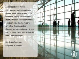 Ausgangssituation Markt: Einrichtungen und Unternehmen werden heute immer stärker durch einen sich ständig verändernden Markt getrieben. Innovationszyklen verkürzen sich, Kunden fordern schnellere Reaktionszeiten, Mitbewerber machen Kunden streitig und der Markt bietet ständig Platz für neue Dienstleistungen. Die Herausforderung:Reagieren in Echtzeit!