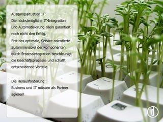 Ausgangssituation IT:Die höchstmögliche IT-Integration und Automatisierung allein garantiert noch nicht den Erfolg. Erst das optimale, Service orientierte Zusammenspiel der Komponenten durch Prozessintegration beschleunigt die Geschäftsprozesse und schafft entscheidende Vorteile.Die Herausforderung:Business und IT müssen als Partner agieren!