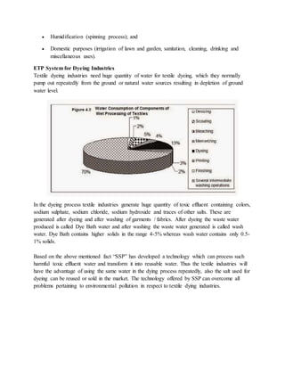  Humidification (spinning process); and
 Domestic purposes (irrigation of lawn and garden, sanitation, cleaning, drinking and
miscellaneous uses).
ETP System for Dyeing Industries
Textile dyeing industries need huge quantity of water for textile dyeing, which they normally
pump out repeatedly from the ground or natural water sources resulting in depletion of ground
water level.
In the dyeing process textile industries generate huge quantity of toxic effluent containing colors,
sodium sulphate, sodium chloride, sodium hydroxide and traces of other salts. These are
generated after dyeing and after washing of garments / fabrics. After dyeing the waste water
produced is called Dye Bath water and after washing the waste water generated is called wash
water. Dye Bath contains higher solids in the range 4-5% whereas wash water contains only 0.5-
1% solids.
Based on the above mentioned fact “SSP” has developed a technology which can process such
harmful toxic effluent water and transform it into reusable water. Thus the textile industries will
have the advantage of using the same water in the dying process repeatedly, also the salt used for
dyeing can be reused or sold in the market. The technology offered by SSP can overcome all
problems pertaining to environmental pollution in respect to textile dying industries.
 