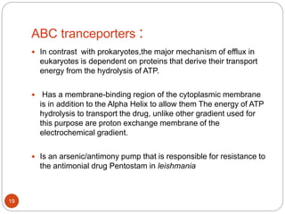ABC tranceporters :
 In contrast with prokaryotes,the major mechanism of efflux in
eukaryotes is dependent on proteins that derive their transport
energy from the hydrolysis of ATP.
 Has a membrane-binding region of the cytoplasmic membrane
is in addition to the Alpha Helix to allow them The energy of ATP
hydrolysis to transport the drug, unlike other gradient used for
this purpose are proton exchange membrane of the
electrochemical gradient.
 Is an arsenic/antimony pump that is responsible for resistance to
the antimonial drug Pentostam in leishmania
19
 