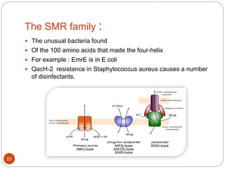 The SMR family :
 The unusual bacteria found
 Of the 100 amino acids that made the four-helix
 For example : EmrE is in E.coli
 QacH-2 resistance in Staphylococcus aureus causes a number
of disinfectants.
22
 