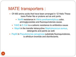 MATE transporters :
 Of 450 amino acids that have been arranged in 12 Helix These
trans Porter Na or protons act as anti ports.
 NorM resistance in Vibrio parahaemolyticus color,
aminoglycosides and fluoroquinolones cause.
 YdhE in E.Coli is a cationic resistance to antibiotics cause
 MepA in the transfer tetracycline Staphylococcus aureus,
detergents and paints as well.
 PepM in Pseudomonas aeruginosa substrate fluoroquinolones,
is ethidium bromide and disinfectants.
36
 