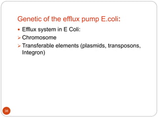 Genetic of the efflux pump E.coli:
 Efflux system in E Coli:
 Chromosome
 Transferable elements (plasmids, transposons,
Integron)
38
 