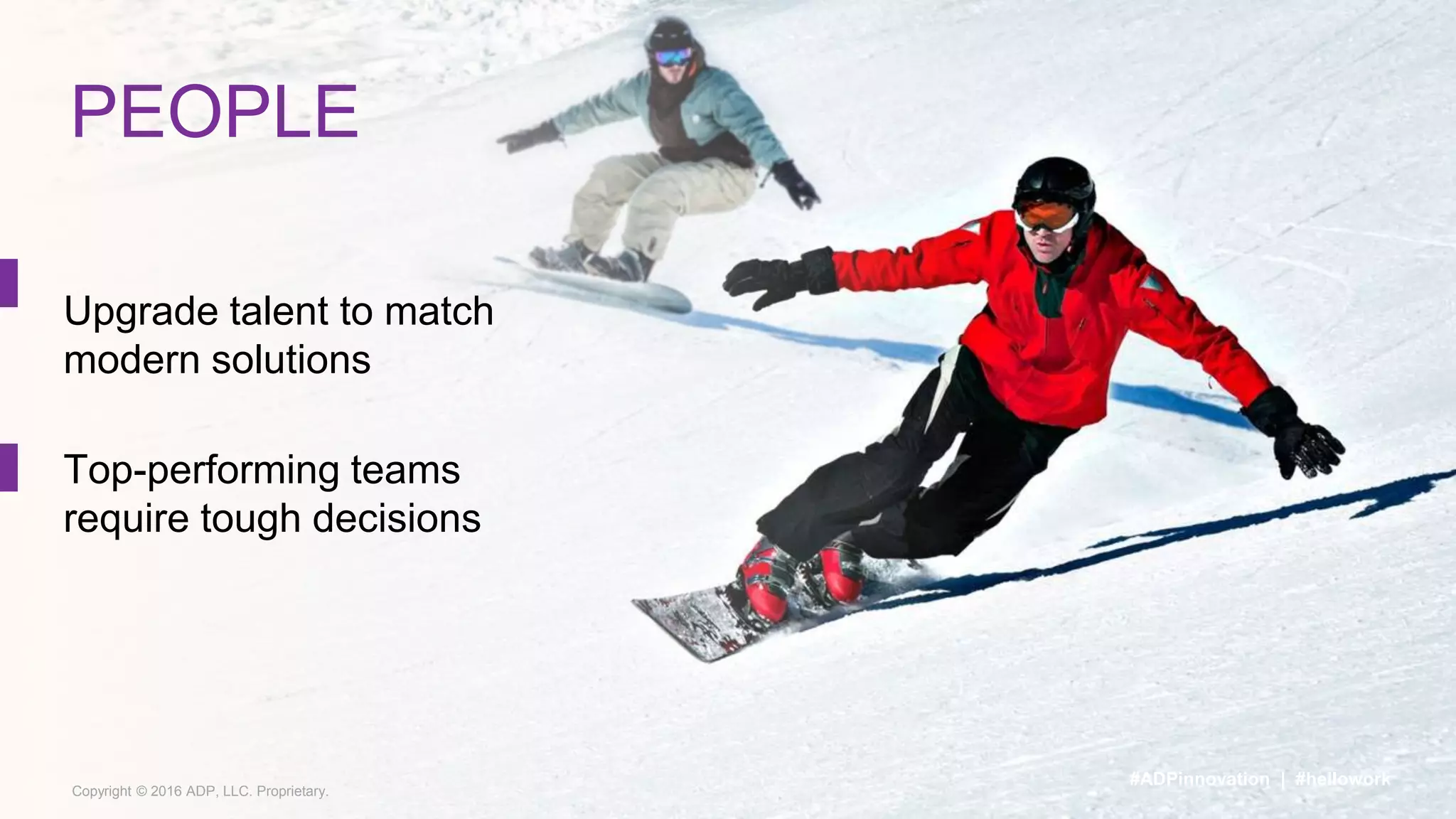 Copyright © 2016 ADP, LLC. Proprietary.
PEOPLE
#ADPinnovation | #hellowork
Upgrade talent to match
modern solutions
Top-performing teams
require tough decisions
 