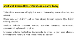 Additional Amazon Delivery Solutions: Amazon Today
Tailored for businesses with physical stores, showcasing in-store inventory on
Amazon
Offers same-day delivery and in-store pickup through Amazon Flex Driver
delivery partners
Provides built-in customer service, real-time inventory, out-of-stock
management, and capacity controls
Leverages existing technology investments to create a new sales channel,
boosting order volume in retail stores across the country
 