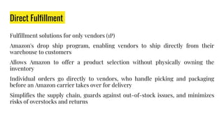 Direct Fulfillment
Fulfillment solutions for only vendors (1P)
Amazon's drop ship program, enabling vendors to ship directly from their
warehouse to customers
Allows Amazon to offer a product selection without physically owning the
inventory
Individual orders go directly to vendors, who handle picking and packaging
before an Amazon carrier takes over for delivery
Simplifies the supply chain, guards against out-of-stock issues, and minimizes
risks of overstocks and returns
 