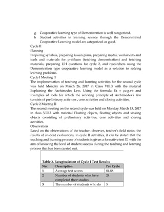 g Cooperative learning type of Demonstration is well categorized.
h Student activities in learning science through the Demonstrated
Cooperative Learning model are categorized as good.
Cycle II
Planning
Preparing syllabus, preparing lesson plans, preparing media, worksheets and
tools and materials for pratikum (teaching demonstration) and teaching
materials, preparing UH questions for cycle 2, and researchers using the
Demonstration type cooperative learning model as a solution to solving
learning problems.
Cycle I Meeting II
The implementation of teaching and learning activities for the second cycle
was held Monday on March 26, 2017 in Class VIII.3 with the material
Explaining the Archimedes Law, Using the formula Fa = ρc.g.vb andc.g.vb and
Examples of tools for which the working principle of Archimedes's law
consists of preliminary activities , core activities and closing activities.
Cycle 2 Meeting II
The second meeting on the second cycle was held on Monday March 13, 2017
in class VIII.3 with material Floating objects, floating objects and sinking
objects consisting of preliminary activities, core activities and closing
activities.
Observation
Based on the observations of the teacher, observer, teacher's field notes, the
results of student evaluations, in cycle II activities, it can be stated that the
teaching and learning process of students is given a formative test III with the
aim of knowing the level of student success during the teaching and learning
process that has been carried out.
Table 3. Recapitulation of Cycle I Test Results
No. Description Pre Cycle
1 Average test scores 84.88
2 Number of students who have
completed their studies
24
3 The number of students who do 5
 