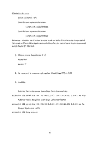 Affectation des ports

       Switch (conf)# int f 0/5

       (conf-if)#switch port mode access

                 Switch port access VLAN 10

       (conf-if)#switch port mode access

                 Switch port access VLAN 20

Remarque : n’oublier pas d’activer le mode trunk sur les les 2 interfaces de chaque switch
(SCentral0 et SCentral1) et également sur le l’interface du switch Scentral qui est connecté
avec le Router-PT RCentral.



   6- Mise en œuvre du protocole IP v2

       Router RIP

       Version 2



   7- No comment, Je ne comprends pas had tkharbi9 dyal PPP et CHAP



   8- Les ACLs :



       Autoriser l’accès de agence 1 vers Siège Central service http :

access-list 101 permit tcp 194.120.20.0 0.0.0.31 194.120.20.192 0.0.0.31 eq http

       Autoriser l’accès de agence 1 vers Siège Central service ftp

access-list 101 permit tcp 194.120.20.0 0.0.0.31 194.120.20.192 0.0.0.31 eq ftp

       Bloquer tout autre traffic

access-list 101 deny any any




                                              10
 