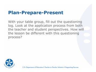 Plan-Prepare-Present
With your table group, fill out the questioning
log. Look at the application process from both
the teacher and student perspectives. How will
the lesson be different with this questioning
process?
 