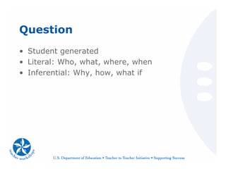 Question
• Student generated
• Literal: Who, what, where, when
• Inferential: Why, how, what if
 