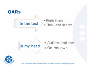 QARs
In the text
In my head
• Right there
• Think and search
• Author and me
• On my own
 