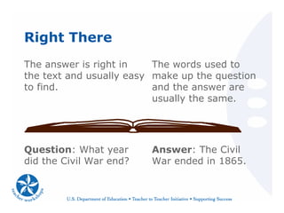 Right There
The answer is right in
the text and usually easy
to find.
The words used to
make up the question
and the answer are
usually the same.
Question: What year
did the Civil War end?
Answer: The Civil
War ended in 1865.
 