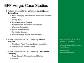 Summary of VERGE (ethnographic futures framework devised by Richard Lum and Michele Bowman).