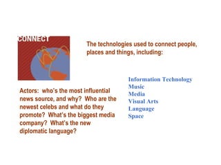 The technologies used to connect people, places and things, including: Information Technology Music  Media Visual Arts Lan...