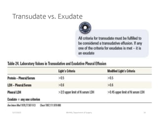 Transudate vs. Exudate
5/17/2023 MUHAS, Department of Surgery 14
 