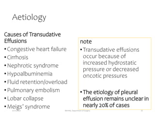 Aetiology
Causes of Transudative
Effusions
•Congestive heart failure
•Cirrhosis
•Nephrotic syndrome
•Hypoalbuminemia
•Fluid retention/overload
•Pulmonary embolism
•Lobar collapse
•Meigs’ syndrome
note
•Transudative effusions
occur because of
increased hydrostatic
pressure or decreased
oncotic pressures
•The etiology of pleural
effusion remains unclear in
nearly 20% of cases
5/17/2023 MUHAS, Department of Surgery 15
 
