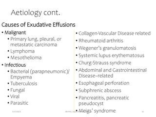 Aetiology cont.
Causes of Exudative Effusions
• Malignant
• Primary lung, pleural, or
metastatic carcinoma
• Lymphoma
• Mesothelioma
• Infectious
• Bacterial (parapneumonic)/
Empyema
• Tuberculosis
• Fungal
• Viral
• Parasitic
• Collagen-Vascular Disease related
• Rheumatoid arthritis
• Wegener’s granulomatosis
• Systemic lupus erythematosus
• Churg-Strauss syndrome
• Abdominal and Gastrointestinal
Disease–related
• Esophageal perforation
• Subphrenic abscess
• Pancreatitis, pancreatic
pseudocyst
• Meigs’ syndrome
5/17/2023 MUHAS, Department of Surgery 16
 