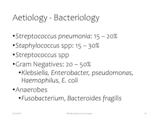 Aetiology - Bacteriology
•Streptococcus pneumonia: 15 – 20%
•Staphylococcus spp: 15 – 30%
•Streptococcus spp
•Gram Negatives: 20 – 50%
•Klebsiella, Enterobacter, pseudomonas,
Haemophilus, E. coli
•Anaerobes
•Fusobacterium, Bacteroides fragilis
5/17/2023 MUHAS, Department of Surgery 23
 