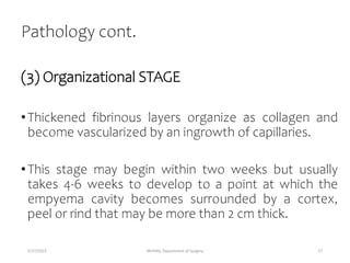 Pathology cont.
(3) Organizational STAGE
•Thickened fibrinous layers organize as collagen and
become vascularized by an ingrowth of capillaries.
•This stage may begin within two weeks but usually
takes 4-6 weeks to develop to a point at which the
empyema cavity becomes surrounded by a cortex,
peel or rind that may be more than 2 cm thick.
5/17/2023 MUHAS, Department of Surgery 27
 