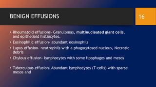 BENIGN EFFUSIONS
• Rheumatoid effusions- Granulomas, multinucleated giant cells,
and epithelioid histiocytes.
• Eosinophilic effusion- abundant eosinophils
• Lupus effusion- neutrophils with a phagocytosed nucleus, Necrotic
debris
• Chylous effusion- lymphocytes with some lipophages and mesos
• Tuberculous effusion- Abundant lymphocytes (T-cells) with sparse
mesos and
16
 