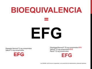 BIOEQUIVALENCIA
=
EFG
Diazepán Normon® 5 mg comprimidos
Valium® 5 mg comprimidos
EFG
Clopidogrel Normon® 75 mg comprimidos EFG
Vatoud® 75 mg comprimidos EFG
Plavix® 75 mg comprimidos
EFG
Ley 29/2006, de 26 de julio, de garantías y uso racional de los medicamentos y productos sanitarios.
 