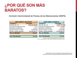 ¿POR QUÉ SON MÁS
BARATOS?
Comisión Interministerial de Precios de los Medicamentos (MSPS)
Real Decreto 271/1990, de 23 de febrero, sobre reorganización de la
intervención de precios de las especialidades farmacéuticas de uso humano.
Tomado de: - Paredero JM. Medicamentos genéricos: razones para confiar.
En: Ética y eficiencia en Medicina. Toledo; Junta de Comunidades de Castilla la Mancha; 2010.
 