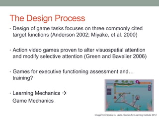 The Design Process
• Design of game tasks focuses on three commonly cited
 target functions (Anderson 2002; Miyake, et al. 2000)

• Action video games proven to alter visuospatial attention
 and modify selective attention (Green and Bavelier 2006)

• Games for executive functioning assessment and…
 training?

• Learning Mechanics 
 Game Mechanics

                                     Image from Noobs vs. Leets, Games for Learning Institute 2012
 