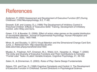 References
Anderson, P. (2002) Assessment and Development of Executive Function (EF) During
Childhood. Child Neuropsychology, 8:2, 71-82.

Dowsett, S.M. and Livesey, D.J. (1999) The Development of Inhibitory Control in
Preschool Children: Effects of “Executive Skills” Training. Development of Inhibitory
Control: John Wiley and Sons.

Green, C.S. & Bavelier, D. (2006). Effect of action video games on the spatial distribution
of visuospatial attention. Journal of Experimental Psychology: Human Perception and
Performance, 32(6), 1465-1468.

Minar, N. and Sloutsky, V. (2011) Visual Attention and the Dimensional Change Card Sort.
Juros, 2. Retrieved from: http://asiandoc.lib.ohio-
state.edu/index.php/juros/article/view/1693

Miyake, A., Friedman, N.P., Emerson, M.J., Witzki, A.H., Howerter, A., Wager, T. (2000)
The Unity and Diversity of Executive Functions and Their Contributions to Complex
“Frontal Lobe” Tasks: A Latent Variable Analysis. Cognitive Psychology, 41, 49-100.

Salen, K., & Zimmerman, E. (2003). Rules of Play: Game Design Fundamentals

Zelazo, P.D. and Frye, D. (1998) Cognitive Complexity and Control: II. The Development
of Executive Function in Childhood. Current Directions in Psychological Science.
 