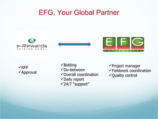EFG, Your Global Partner RFP Approval Bidding Go-between Overall coordination Daily report 24/7 “support” Project manager Fieldwork coordination Quality control 
