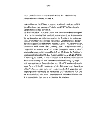 - 211 -




sowie von Geländeunebenheiten errechnete der Gutachter eine
Schornsteinmindesthöhe von 169 m.


Im Anschluss an den Erörterungstermin wurde aufgrund der zusätzli-
chen Einwände, wie auch vom Vertreter der LUBW befürwortet, die
Schornsteinhöhe neu berechnet.
Der entscheidende Grund hierfür war eine verbindliche Klarstellung des
LAI in der Jahresmitte 2008 hinsichtlich unterschiedlicher Auslegung in
der bundesweiten Verwaltungspraxis bei der Ermittlung der Leitkompo-
nente. Dementsprechend wurde die korrekte Verfahrensweise bei der
Berechnung der Schornsteinhöhe nach Nr. 5.5 der TA Luft konkretisiert.
Danach soll der S-Wert für NOx (Anhang 7 der TA Luft) als Wert für NO2
interpretiert werden und für NO ein Umwandlungsgrad von 60 % zu NO2
angesetzt werden (entsprechend TA Luft Nr. 5.5.3). Auf die Ausführun-
gen in dem Protokoll der 95. LAI-Ausschuss-Sitzung v. 24.-25.07.2008
in Hamburg, zu TOP 4.1.1 wird verwiesen. Auch das Umweltministerium
Baden-Württemberg hat sich dieser klarstellenden Auslegung ange-
schlossen und sie mit Rundschreiben vom 12.08.08 an die nachgeord-
neten Fachbehörden für maßgeblich erklärt. Bei Anwendung dieser kor-
rekten Verfahrensweise ergibt sich im vorliegenden Fall gegenüber der
ursprünglichen Berechnung ein niedrigeres Q/S-Verhältnis für NOx und
der Schadstoff SO2 wird somit Leitkomponente für die Bestimmung der
Schornsteinhöhe. Dies geht aus folgender Tabelle hervor:
 