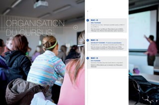 7
BAC +5
BAC +3
BACHELOR TOURISME : 3é
année de spécialisation
Programme en 1 an - Admission parallèle après un BAC+2
Titre de niveau II certifié par l’État délivré par l’IPAC,
“Responsable d’activités ou d’entreprises touristiques”
BAC +2
BTS TOURISME
Admission Post-Baccalauréat toutes séries ou équivalent
Diplôme d’État délivré par le ministère de l’Éducation
Nationale
ORGANISATION
DU CURSUS
MBA TOURISME
Programme en 2 ans - Admission parallèle après un BAC+3
ou un BAC+4.
Titre de niveau I certifié par l’État délivré par le CESCI,
“Manager des affaires internationales option tourisme”
 