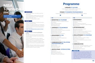 MBA
Tourisme
(BAC +5)
13
CERTIFICATION
Un titre de niveau I (BAC +5) est délivré au terme de
cette formation.
Ce titre est enregistré au Registre National des certifi-
cations professionnelles sous l’intitulé “Manager des
affaires internationales” niveau I
Il est obtenu en partenariat avec le CESCI.
RYTHME
La formation est organisée sur un rythme de 3 jours à
l’école, une semaine sur deux.
Ce rythme, qui conjugue acquisition de connaissances
et pratique en entreprise permet de valider une expérience
professionnelle dans une ou plusieurs entreprises tout
au long de l’année.
Le but : être opérationnel dès la sortie de l’école !
CURSUS
Le MBA Tourisme, un cursus de spécialisation
en 2 ans.
Ces quatrième et cinquième années de spécialisation
en tourisme viennent compléter trois premières années
d’études validées.
Une admission parallèle après un bac+4 validé est
également possible pour une cinquième année d’étude.
Ce programme en deux ans permet d’acquérir une
double compétence en associant un programme école
supérieure de commerce à une spécialisation tourisme
pointue.
Il permet de développer l’expertise marketing, management
et stratégie, les aptitudes à communiquer efficacement
ainsi que la maîtrise du secteur touristique.
LANGUES ET CULTURE
Anglais du tourisme - Anglais des affaires - Business culture
(Certains cours sont animés en anglais)
STAGES ET DOSSIERS PROFESSIONNELS
Conférences et témoignages / Études de cas professionnels / Stages en entreprise / Mémoire.
M1
MARKETING DU TOURISME
Sociologie du tourisme et marketing international
E-marketing
Mix marketing international
Marketing des services
Les systèmes de veille
JURIDIQUE ET ÉCONOMIQUE
Droit et contrats internationaux
Environnement économique du tourisme à l’international
Réglementation économique
Droit des affaires et fiscalité
Environnement juridique international
MANAGEMENT ET RH
Management des hommes
Gestion des changements organisationnels
Culture d’entreprise
Développement personnel
COMMUNICATION ET RELATIONS
PROFESSIONNELLES
Media training
Prise de parole en public
Animation de réunions
GEOPOLITIQUE / INTERCULTUREL
Géopolitique
Management interculturel
Communication interculturelle
Stratégie d’entreprise et globalisation
Programme
M2
MANAGEMENT
Management stratégique
Leadership
Customer relationship management
Management de la qualité dans le secteur touristique
Sales monitoring
ENTREPRENEURIAT
Management de projets touristiques
Ingénierie de financement
Gestion du changement dans le secteur du tourisme
Gestion des risques de l’activité touristique
Perfectionnement des techniques de négociation
DÉVELOPPEMENT ET STRATÉGIE
Diagnostic marketing
Stratégies de vente dans le secteur touristique
Plans d’actions commerciales
Panorama de la distribution des produits et services
touristiques
Brand marketing
COMMUNICATION
Techniques de communication appliquées au tourisme
Communication / promotion / relations publiques
Psychologie de la vente
Politique générale de l’entreprise
DÉBOUCHÉS
Responsable et cadre de produits touristiques / Chef
de projet ou chargé de missions dans le secteur du
tourisme / Programmateur et gestionnaire d’unités et
d’équipements d’accueil et de loisirs / Concepteur et
responsable de la production dans le secteur du tou-
risme / Promoteur et commercial grands comptes de
produits touristiques.
Manager des affaires internationales
option tourisme
Titre de niveau I certifié par l’État
délivré par le CESCI
 