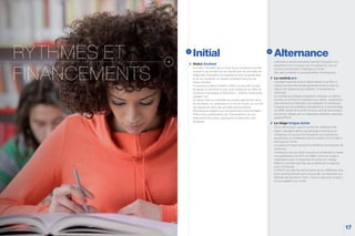 Initial
Statut étudiant
En initial, l’étudiant fait le choix de se consacrer prioritai-
rement à ses études tout en bénéficiant de périodes de
stages afin d’acquérir une expérience riche et significative
et de se constituer un réseau professionnel pour sa
future carrière.
Il conserve le statut étudiant, affilié à la sécurité sociale
étudiante et bénéficie d’une carte étudiante qui offre de
nombreux avantages et réductions : cinéma, restaurants,
voyages, etc.
Ce statut offre la possibilité de profiter pleinement de la
vie étudiante, en participant à la vie de l’école, ou encore
de s’épanouir dans des activités extra-scolaires.
Des solutions existent pour le financement de la formation :
Prêts à taux préférentiels par l’intermédiaire de nos
partenaires bancaires, paiements échelonnés, jobs
étudiants…
Alternance
L’alternance école/entreprise permet d’acquérir une
expérience d’un ou deux ans en entreprise, tout en
suivant une formation théorique à l’école.
Elle peut conduire à une proposition d’embauche.
Le contrat pro
L’étudiant bascule sous le statut salarié, à ce titre, il
cotise à la sécurité sociale générale et est soumis au
régime de vacances des salariés : 5 semaines de
vacances.
Le contrat de professionnalisation implique un rythme
soutenu et une bonne résistance au stress : préparation
des examens et réalisation des objectifs en entreprise.
Il assure une rémunération équivalente à un pourcentage
du SMIC (entre 55 % et 80 %) et le coût de la formation
est pris en charge par un organisme paritaire collecteur
agréé (OPCA).
Le stage longue durée
De la même façon que le contrat de professionnali-
sation, l’étudiant alterne les périodes à l’école et en
entreprise, ce qui permet d’acquérir une expérience
significative en entreprise tout en suivant une formation
théorique à l’école.
Il conserve le statut étudiant et bénéficie de périodes de
vacances.
L’entreprise qui accueille le jeune en entreprise lui verse
une gratification de 30 % du SMIC minimum (sujet à
négociation avec l’entreprise) et la prise en charge
totale ou partielle des frais de scolarité est à négocier
avec l’entreprise.
À l’EFHT, les rythmes de formation et les différentes solu-
tions de financement sont conçus afin de répondre aux
attentes des étudiants. Ainsi, chacun opte pour le statut
le plus adapté à son profil.
RYTHMES ET
FINANCEMENTS
17
 