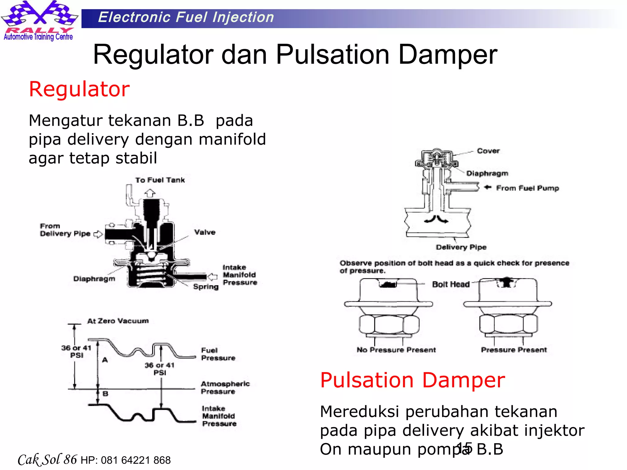 15
Electronic Fuel Injection
Cak Sol 86 HP: 081 64221 868
Regulator dan Pulsation Damper
Regulator
Mengatur tekanan B.B pada
pipa delivery dengan manifold
agar tetap stabil
Pulsation Damper
Mereduksi perubahan tekanan
pada pipa delivery akibat injektor
On maupun pompa B.B
 