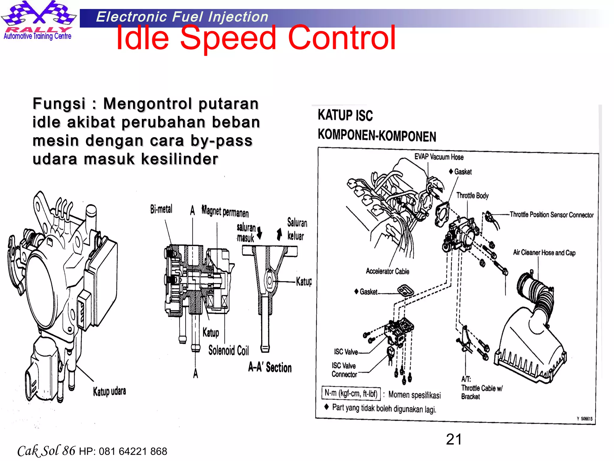 21
Electronic Fuel Injection
Cak Sol 86 HP: 081 64221 868
Idle Speed Control
Fungsi : Mengontrol putaranFungsi : Mengontrol putaran
idle akibat perubahan bebanidle akibat perubahan beban
mesin dengan cara by-passmesin dengan cara by-pass
udara masuk kesilinderudara masuk kesilinder
 