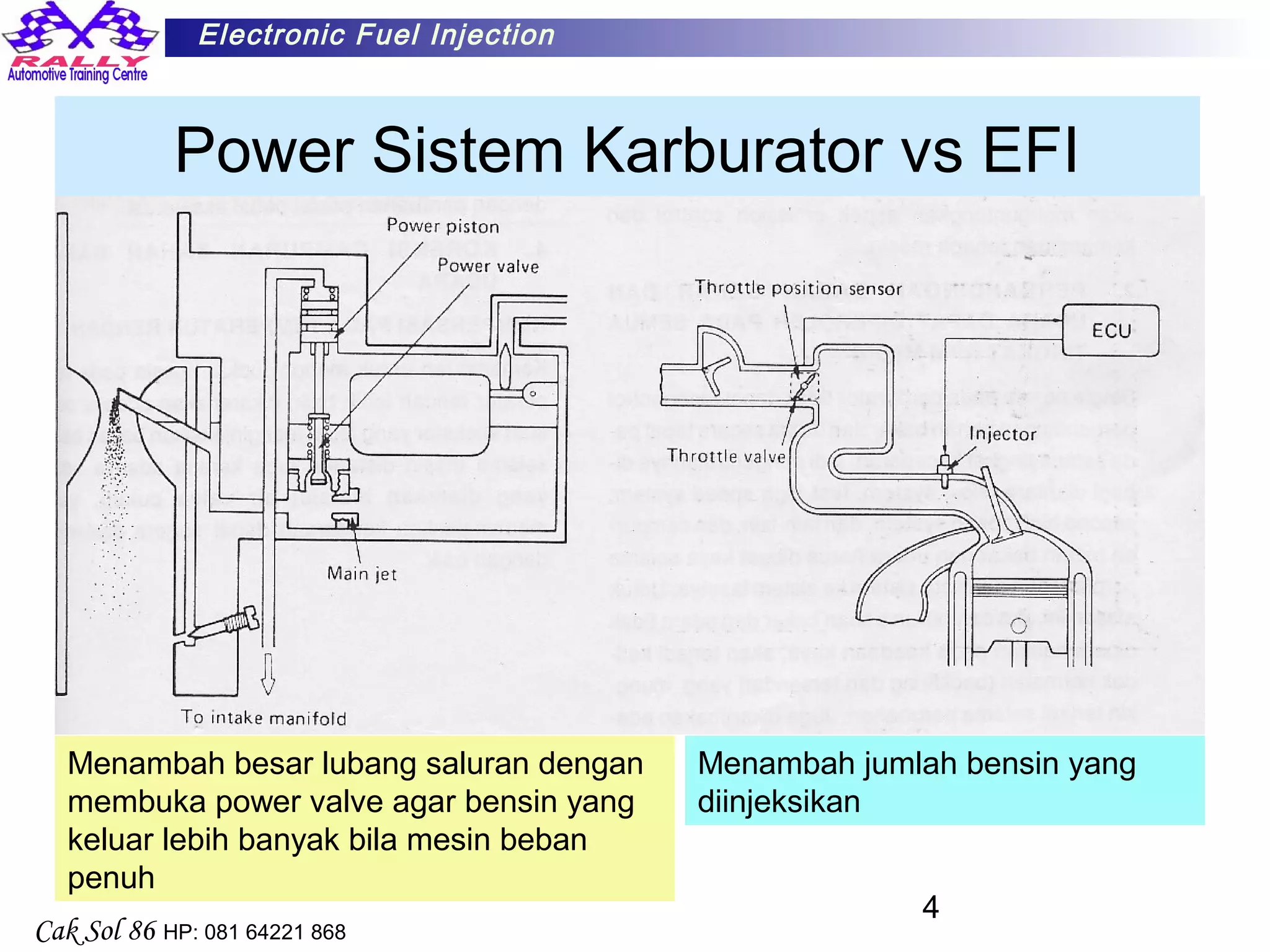 4
Electronic Fuel Injection
Cak Sol 86 HP: 081 64221 868
Power Sistem Karburator vs EFI
Menambah besar lubang saluran dengan
membuka power valve agar bensin yang
keluar lebih banyak bila mesin beban
penuh
Menambah jumlah bensin yang
diinjeksikan
 
