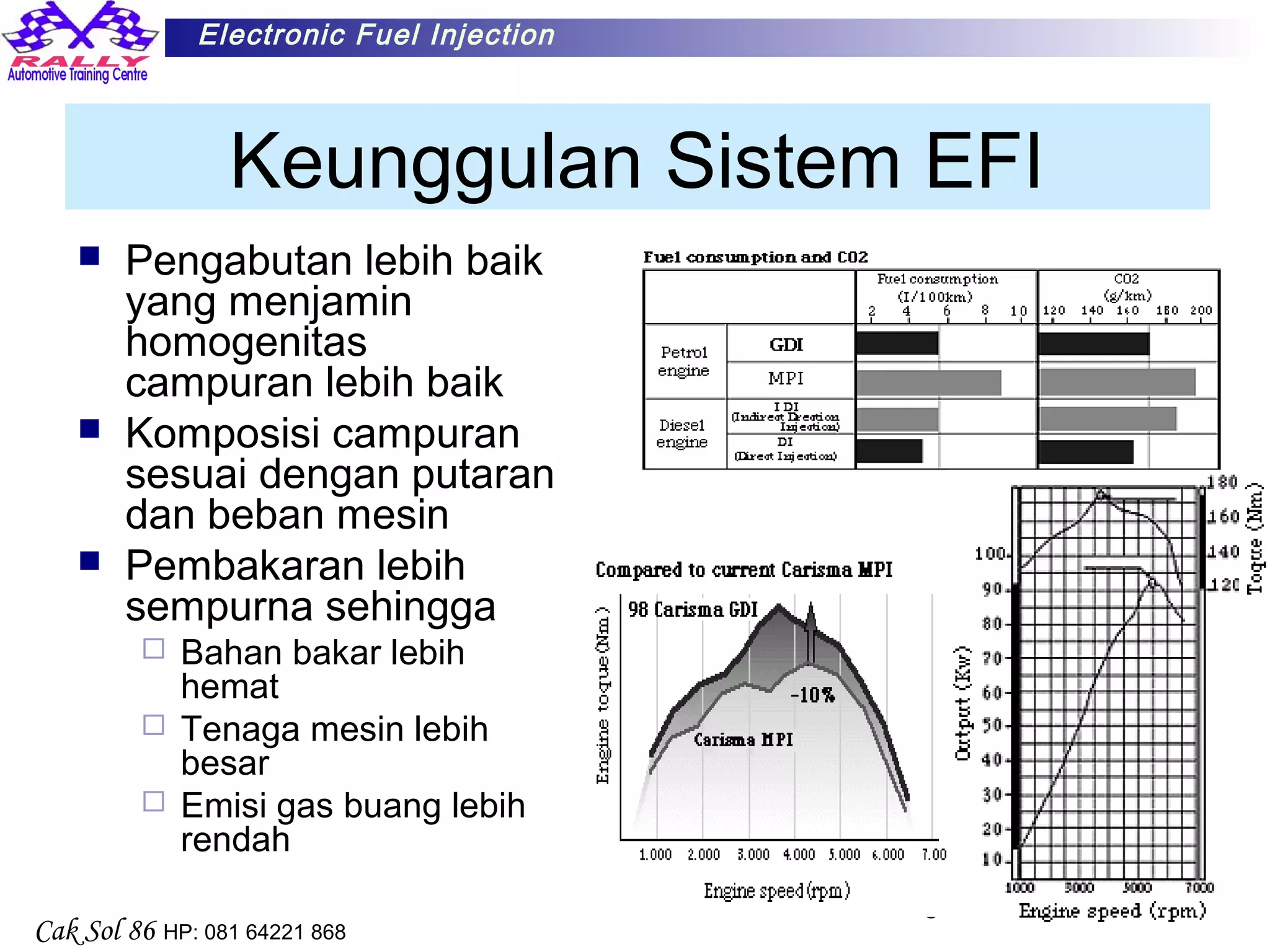 5
Electronic Fuel Injection
Cak Sol 86 HP: 081 64221 868
Keunggulan Sistem EFI
 Pengabutan lebih baik
yang menjamin
homogenitas
campuran lebih baik
 Komposisi campuran
sesuai dengan putaran
dan beban mesin
 Pembakaran lebih
sempurna sehingga
 Bahan bakar lebih
hemat
 Tenaga mesin lebih
besar
 Emisi gas buang lebih
rendah
 